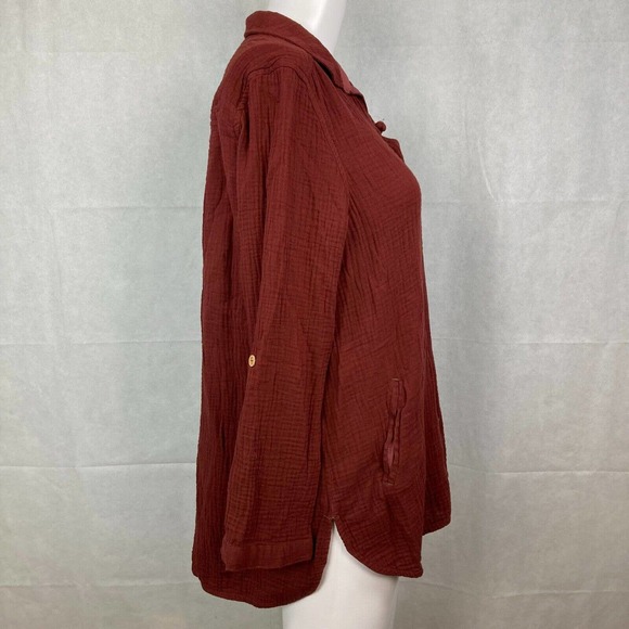 Lixhigi Shirt Womens Sz S M Maroon Brown Cotton Long Sleeve Collared Top - Picture 3 of 9
